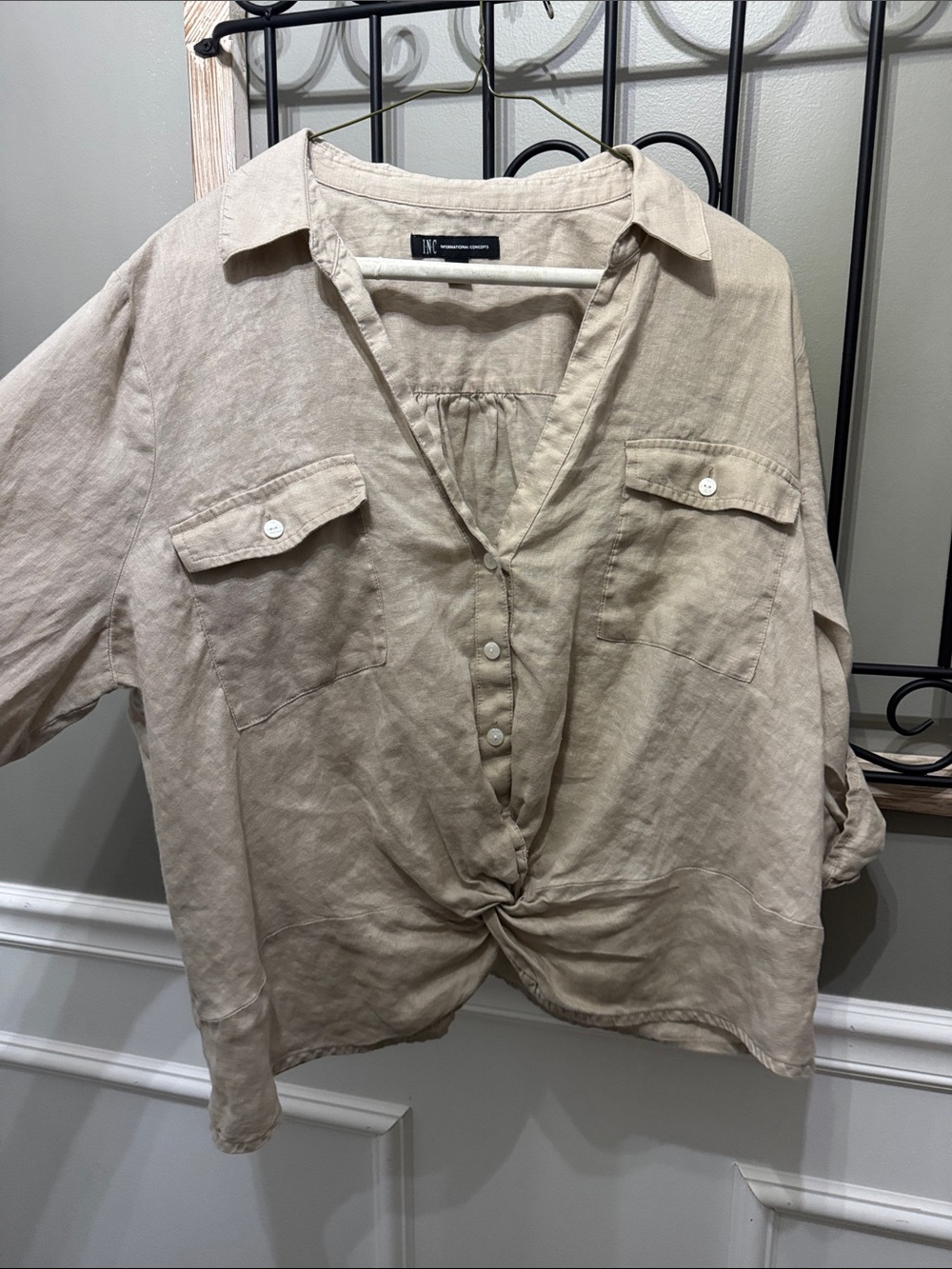 INC International Concepts Beige Button-Front Linen Shirt with Twist Hem XL